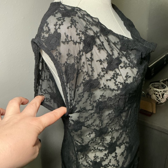 Sundance Black Lace Sheer Midi Dress S Goth Romantic Stretch - Picture 4 of 5